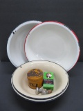 Four enamelware pans and advertising soap box