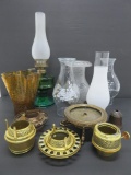 Green oil lamp base, six chimneys and metal burners