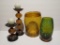 Two contemporary candle holders and two art glass vases