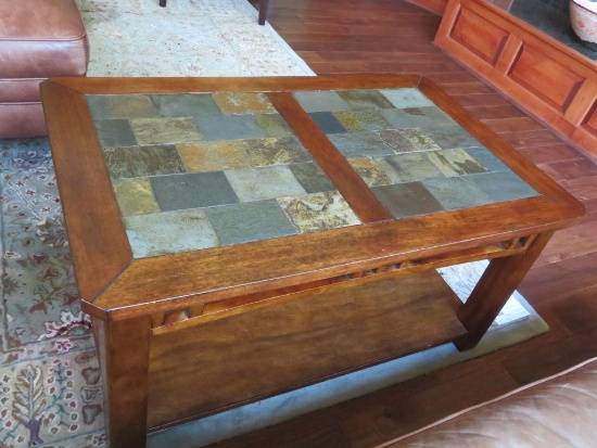 Slate and wood coffee table, occasional table, 38" x 24", 19" tall