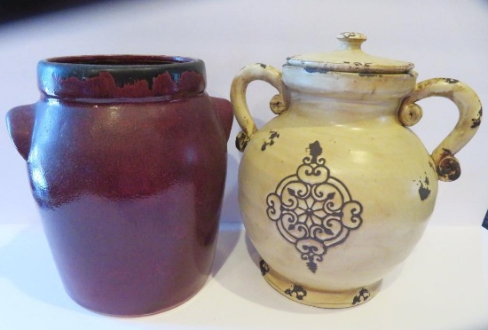 Two earthenware pots, one with cover, 9" and 10"
