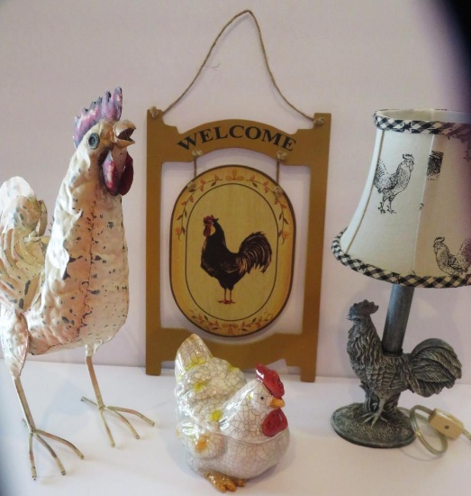 Chicken and Rooster decorative lot, metal chicken, rooster lamp, Welcome sign and ceramic dish