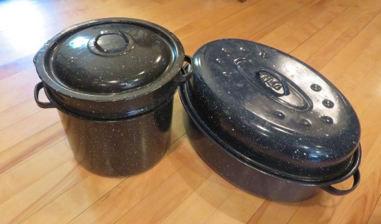 Blue enamel canner steamer and oval roaster