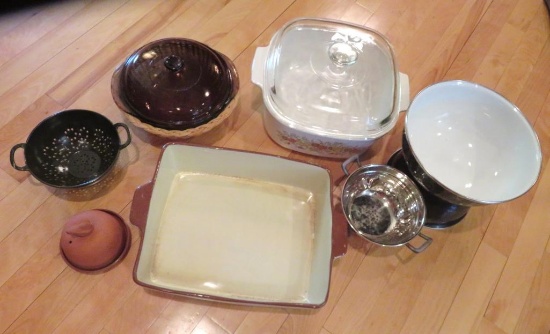 Cookware lot, Corning covered casserole, covered Pyrex round, Redware baker and mixing bowls