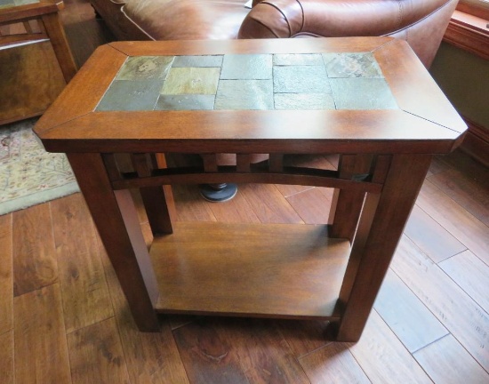 Slate and wood end table, 24" x 14", 24" tall