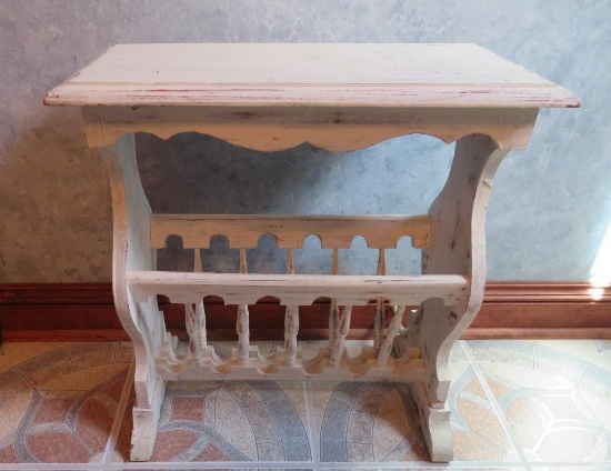 Wood magazine rack table, 20" x 10", 21" tall, white distressed finish