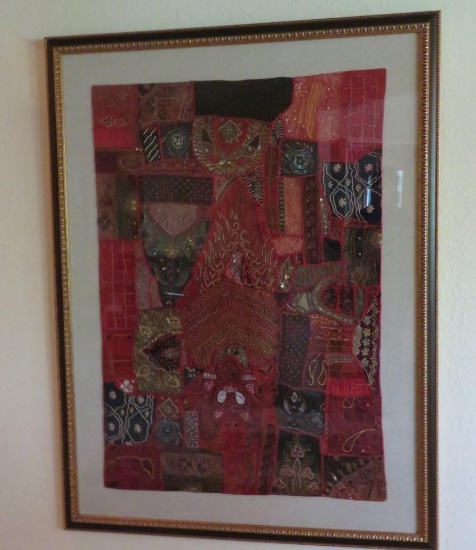 Sri Lanka wedding dress tapestry art, partial gown, framed 48" x 64"