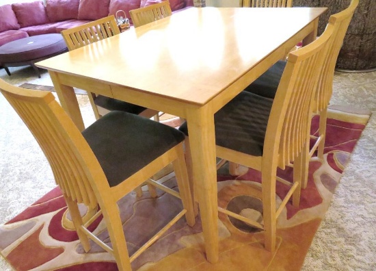Natural finish high top table and six chairs with one leaf