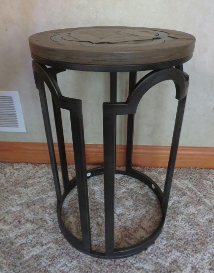 Iron and wood side table, round top 16", 24" tall