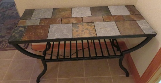 Slate and wrought iron console table, 48" x 20", 29" tall