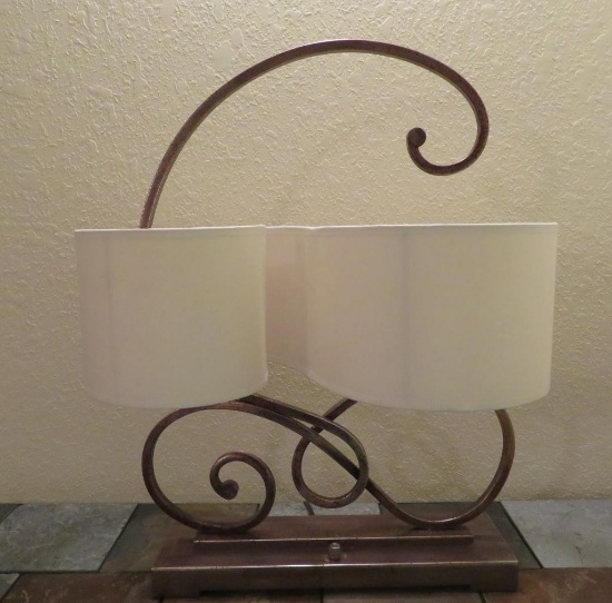 Wrought iron table lamp, two light, scroll design, 18" long and 25 1/2" tall, 11" deep, working
