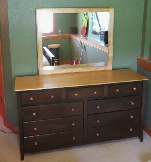 Nine drawer dresser with mirror, two tone wood, natural and brown, 66" x 20", 70" with mirror