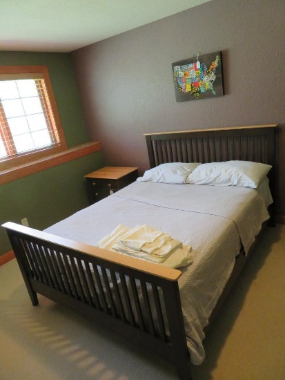 Queen size bed, two tone wood, with sheets and Dreams Geneva pillow top mattress included