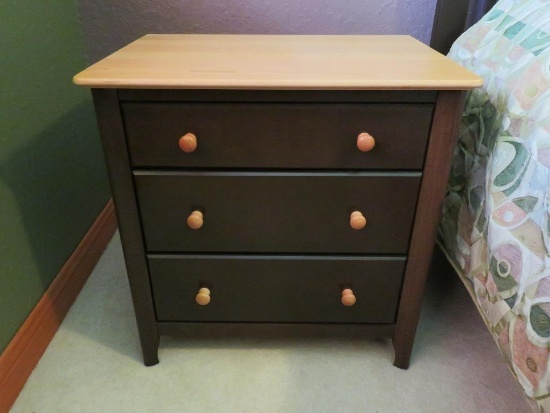 Bedside table, two tone wood natural and brown, three drawer, 26" x 19", 26" tall