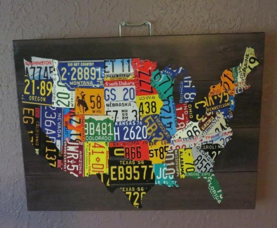 License plate USA print on wood, 23 1/2" x 17" by HOME
