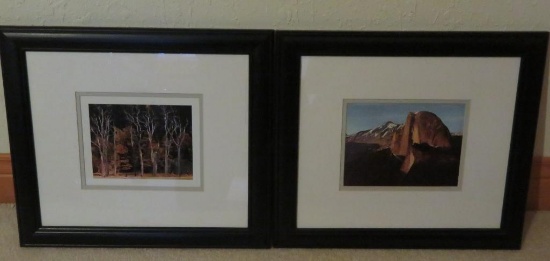 Two outdoor photo prints, framed, 16 1/2" x 15", mountains and forest