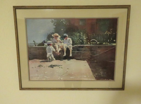 Sea side framed print, children by sea shore, 35" x 27"