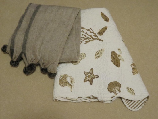 Two throws, sea shell 58" x 49" and tasseled throw is 50" x 61"