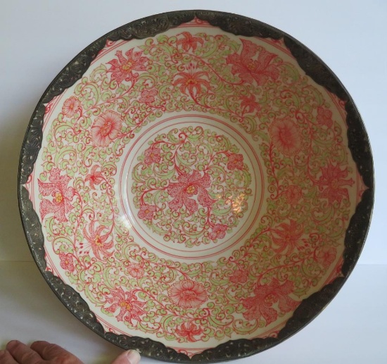 Oriental style porcelain bowl, John Richard, metal overlay, 18" in diameter