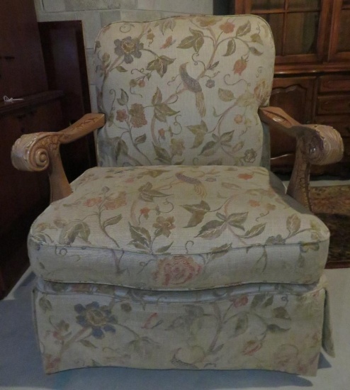 Thomasville Upholstered side chair, carved arms, 34" across , bird motif, down filled