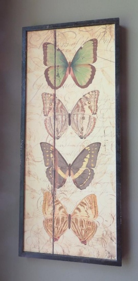 Framed Butterfly art, on wood, 13" x 31"