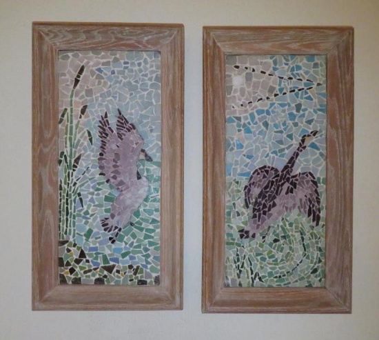 Two mosaic geese framed art, 11" x 20", 1959