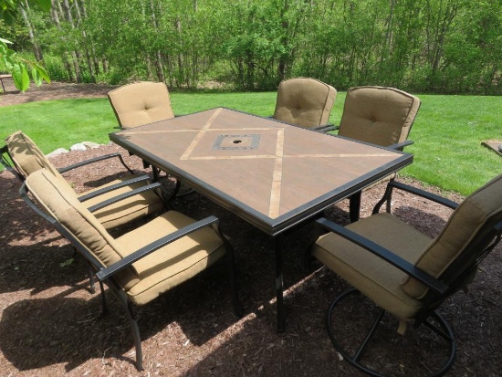 Patio set, tile top, six chairs, outdoor cushions, 40" x 70"