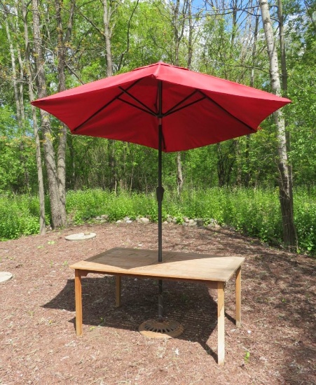 Teak patio table, 60" x 38", with patio umbrella and stand