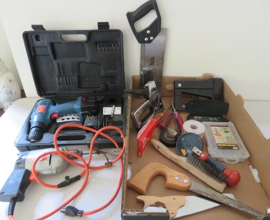 Assorted tool lot, drills, staplers, saws and screwdrivers