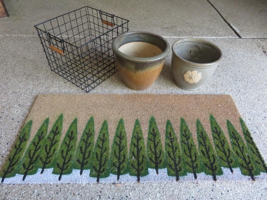 Two pots, welcome mat and wire basket