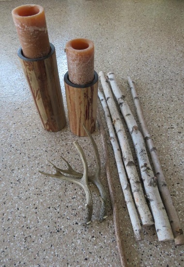 Walking stick, birch sticks, Faux antlers, and two faux wood candle holders