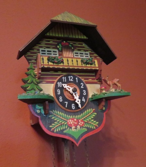 Wood cuckoo clock, 9" wood chalet, works and cuckoos