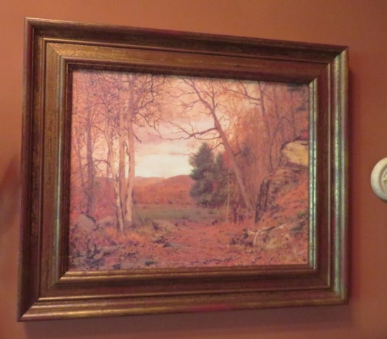 Oil print on canvas framed, autumn country scene, 36" x 31"