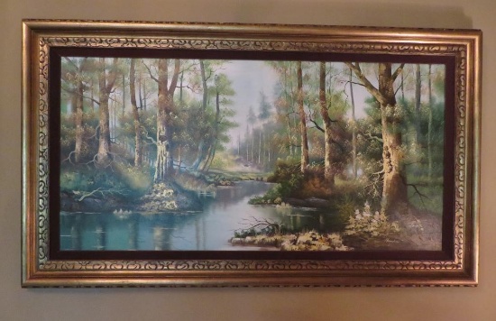 Framed oil painting by Hunter, River scene, 56" x 32"