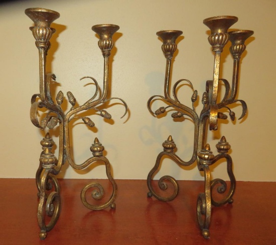 Two metal candle stands, three light each, acorn design, 16 1/2"