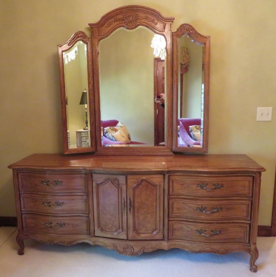 Thomasville French Court Collection triple dresser with mirror, 76" x 20" and 78" tall with mirror