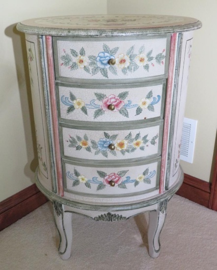 Four drawer floral painted oval chest, 28" tall and 18" oval