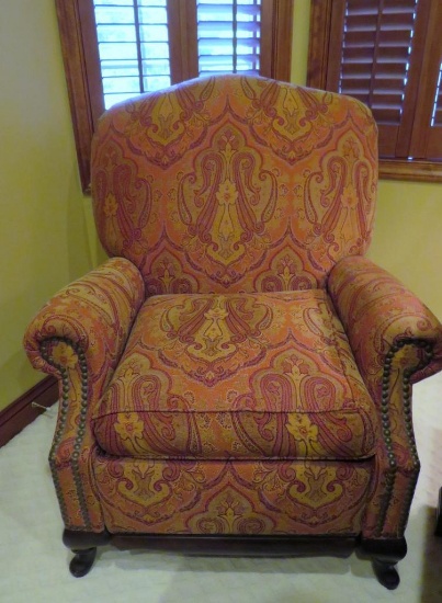 Thomasville upholstered recliner, side chair, 39" tall, paisley pattern