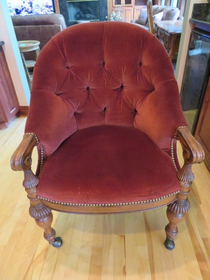 Thomasville rolling chair, upholstered and tack design, 37" tall at back