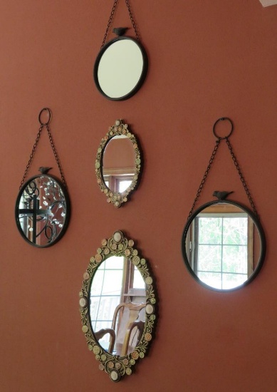 Five decorative wall handing mirrors, 11" to 18", floral and birds