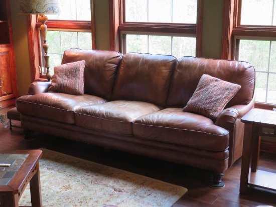 Brown leather sofa, three cushion, 92" long