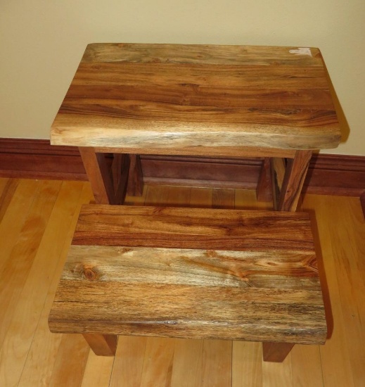 Very nice wood, two step stool, live edge slab look, 15" tall and 16 1/2" wide