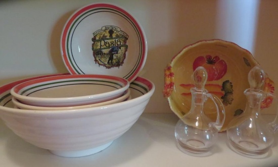 Pasta bowl set, oil bottles and serving bowl