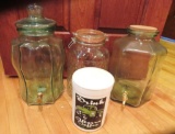 Two aqua beverage dispenser jars, coffee canister and covered jar