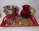 Drink entertaining lot, wood tray, stainless and leather ice bucket, pitcher and two glasses