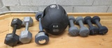 Seven dumbbell weights and exercise ball 8 lb