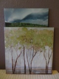Two canvas art pieces, print and one painted, outdoor forest scenes