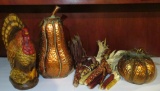 Thanksgiving lot, resin Turkey and two metal copper finish pumpkins