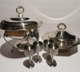 Silver plate lot, two warmers and four stainless cordials by Cuttura Sweden