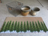 Two pots, welcome mat and wire basket